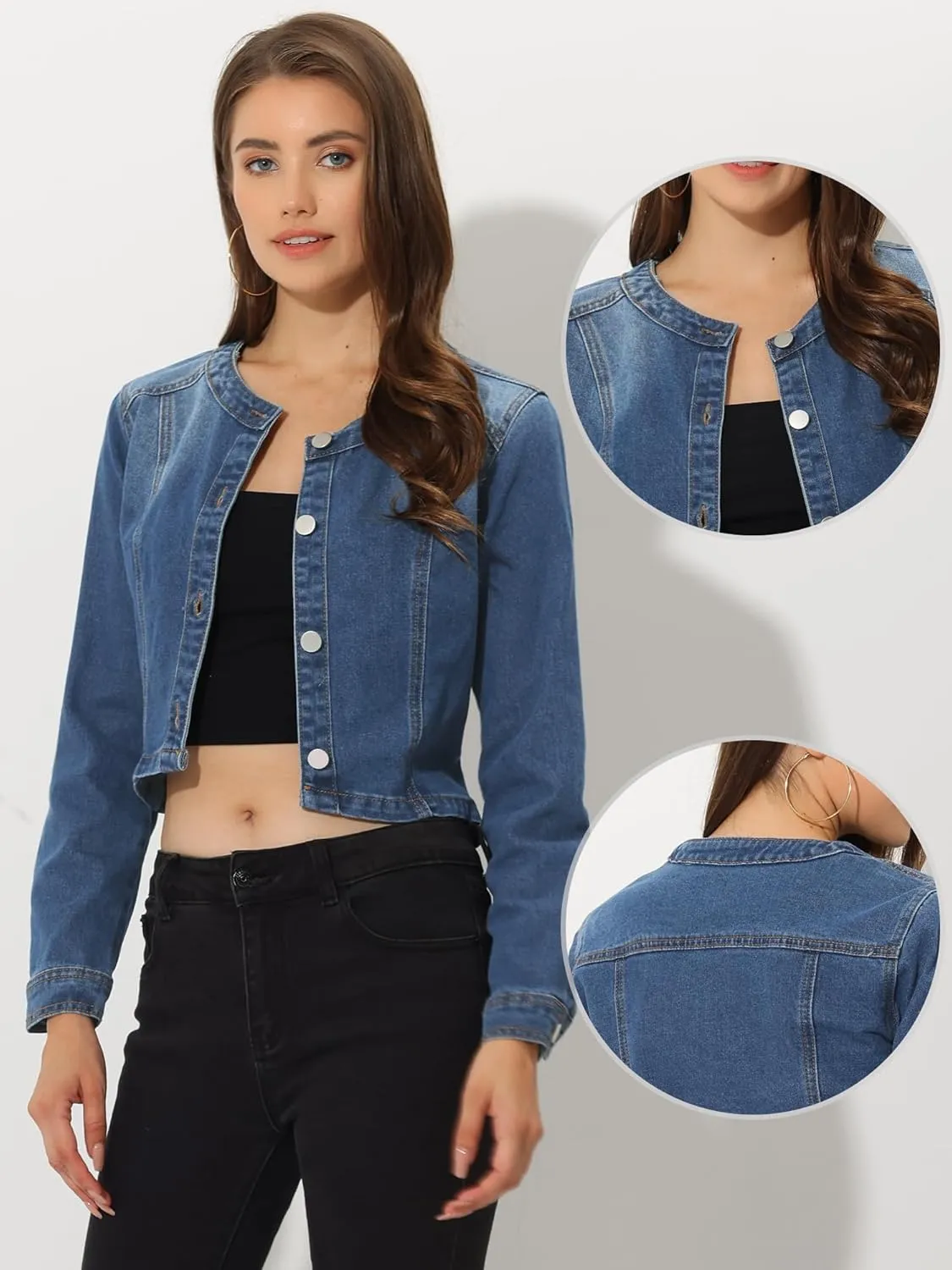 Allegra K Denim Jacket for Women's Collarless Button Down Crop Jean Jackets