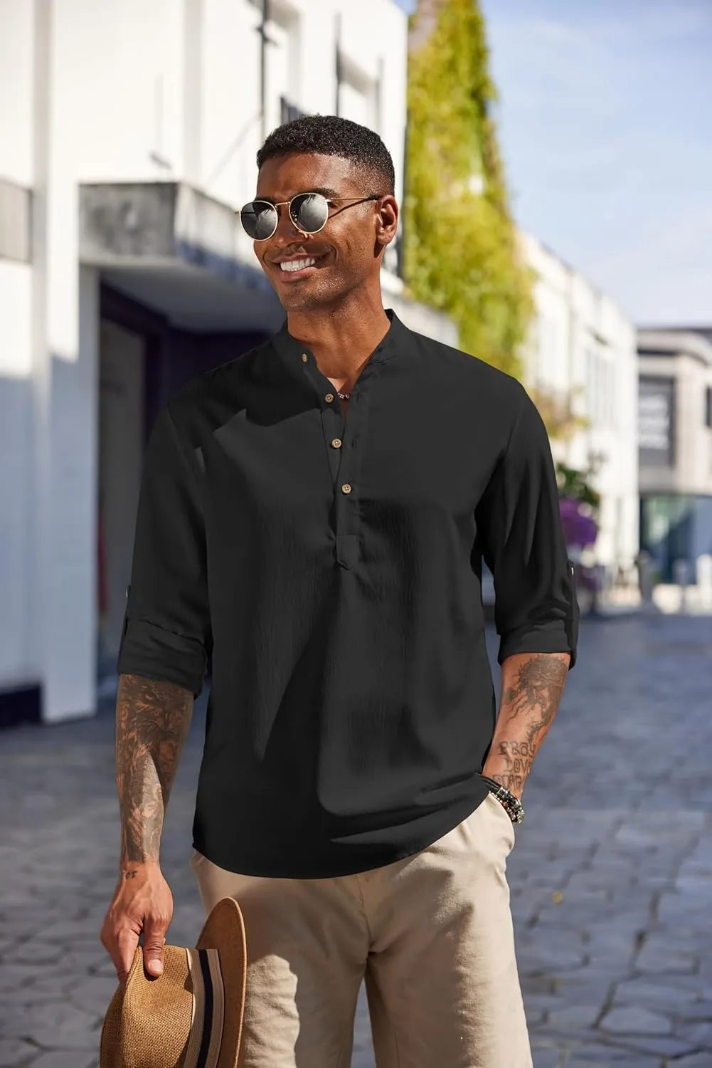 COOFANDY Men's Casual Henley Shirts Long Sleeve Band Collar Lightweight Beach Shirts Summer T-Shirts