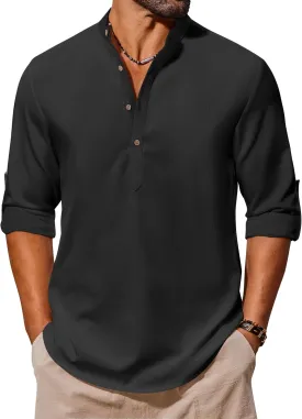 COOFANDY Men's Casual Henley Shirts Long Sleeve Band Collar Lightweight Beach Shirts Summer T-Shirts