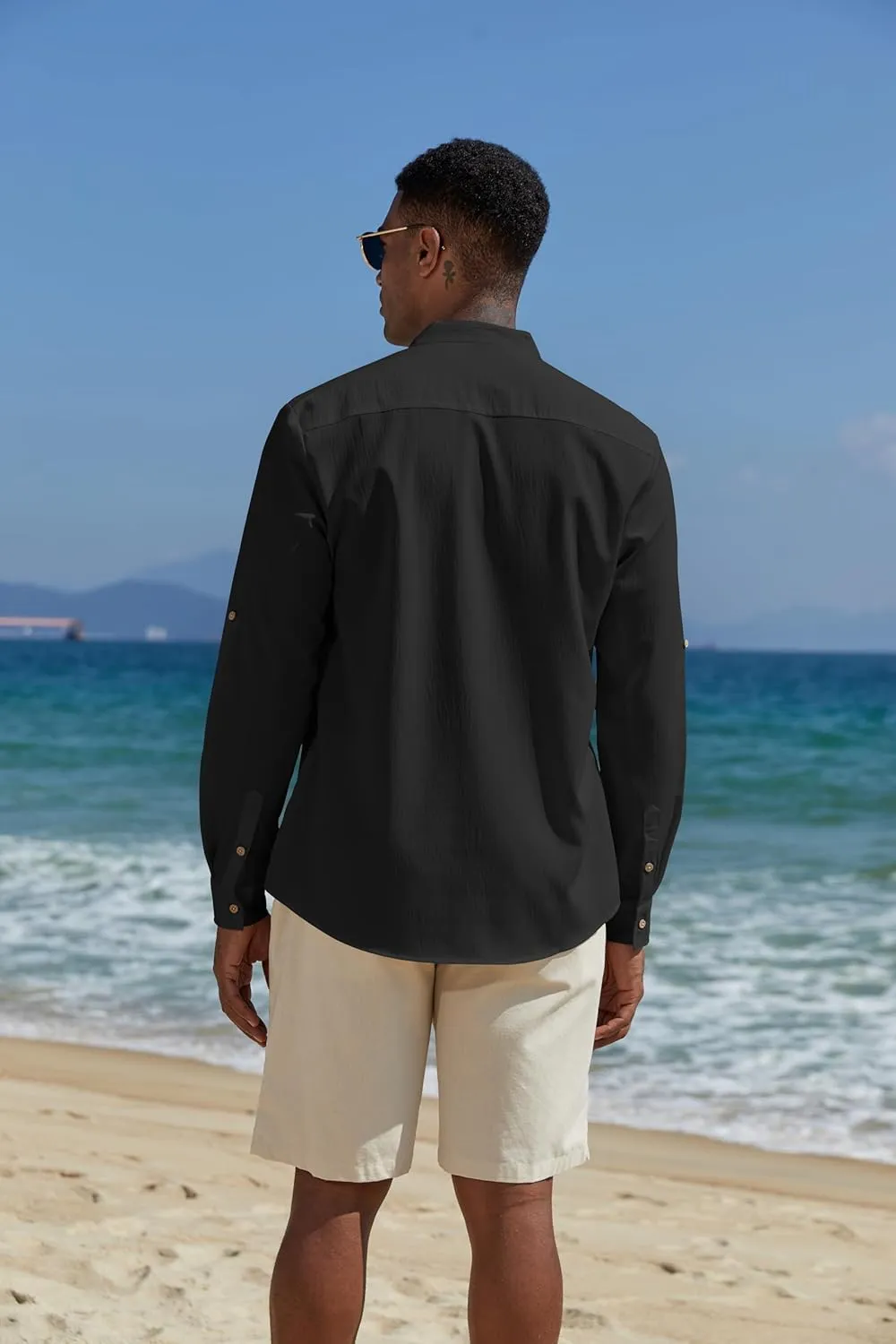 COOFANDY Men's Casual Henley Shirts Long Sleeve Band Collar Lightweight Beach Shirts Summer T-Shirts