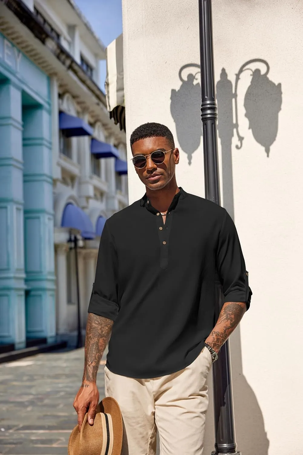COOFANDY Men's Casual Henley Shirts Long Sleeve Band Collar Lightweight Beach Shirts Summer T-Shirts