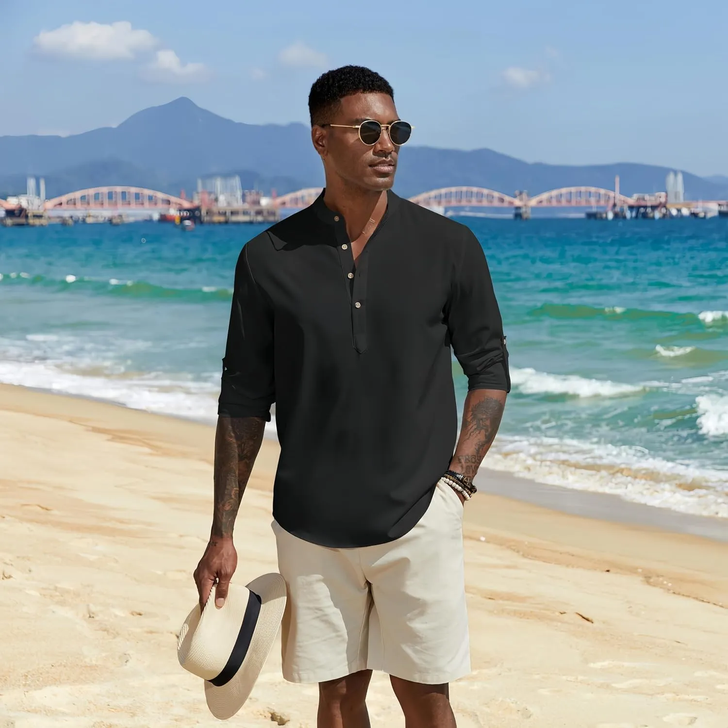 COOFANDY Men's Casual Henley Shirts Long Sleeve Band Collar Lightweight Beach Shirts Summer T-Shirts