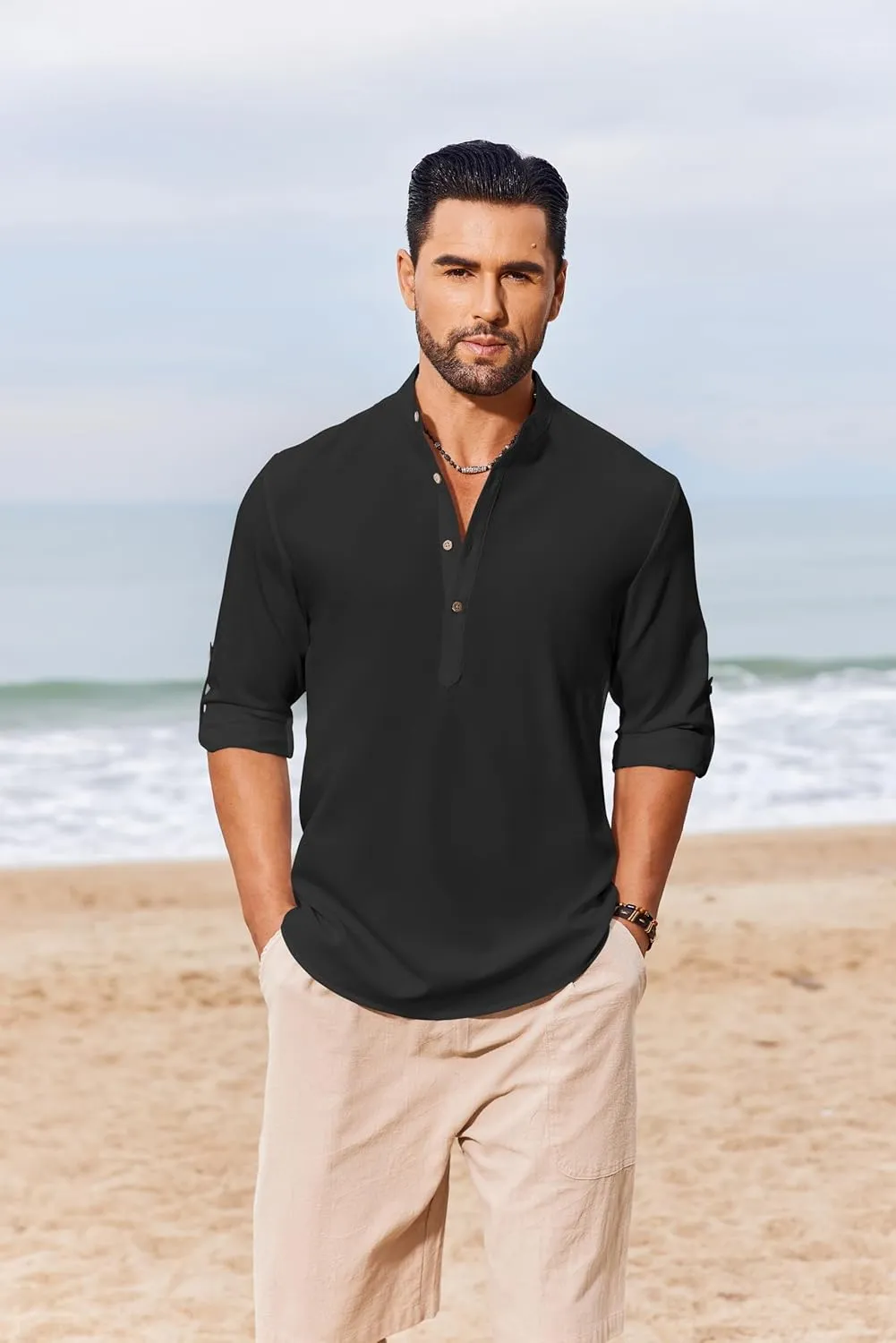 COOFANDY Men's Casual Henley Shirts Long Sleeve Band Collar Lightweight Beach Shirts Summer T-Shirts