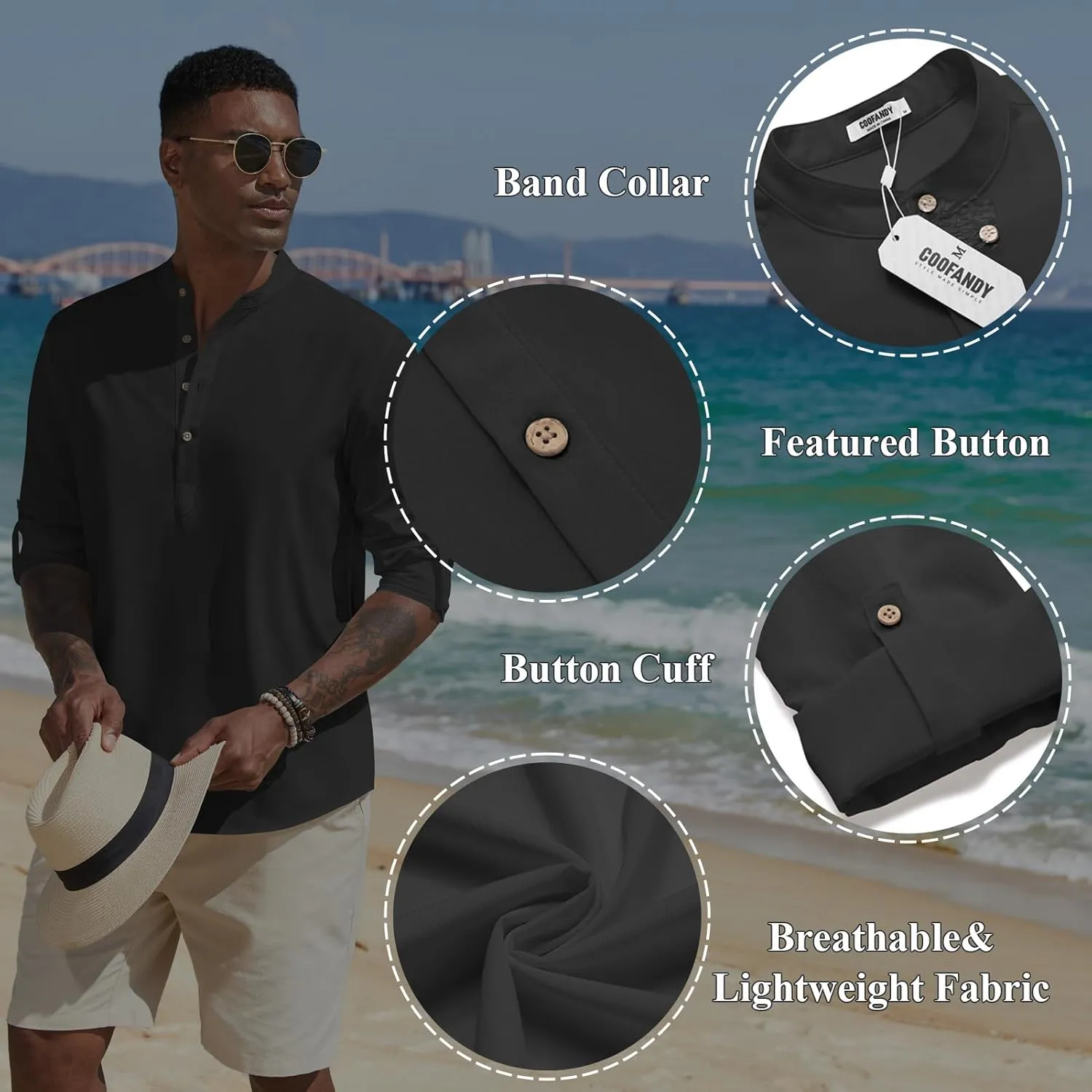 COOFANDY Men's Casual Henley Shirts Long Sleeve Band Collar Lightweight Beach Shirts Summer T-Shirts