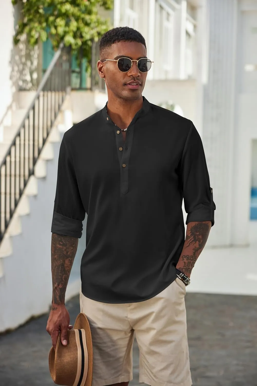 COOFANDY Men's Casual Henley Shirts Long Sleeve Band Collar Lightweight Beach Shirts Summer T-Shirts