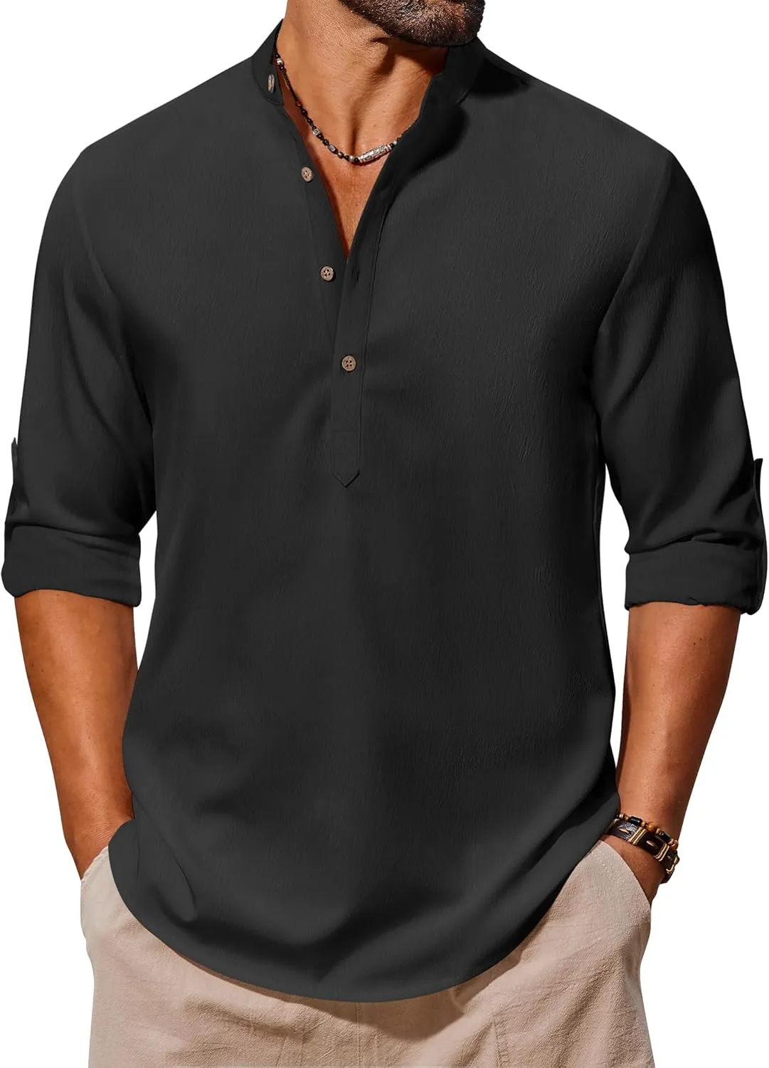 COOFANDY Men's Casual Henley Shirts Long Sleeve Band Collar Lightweight Beach Shirts Summer T-Shirts