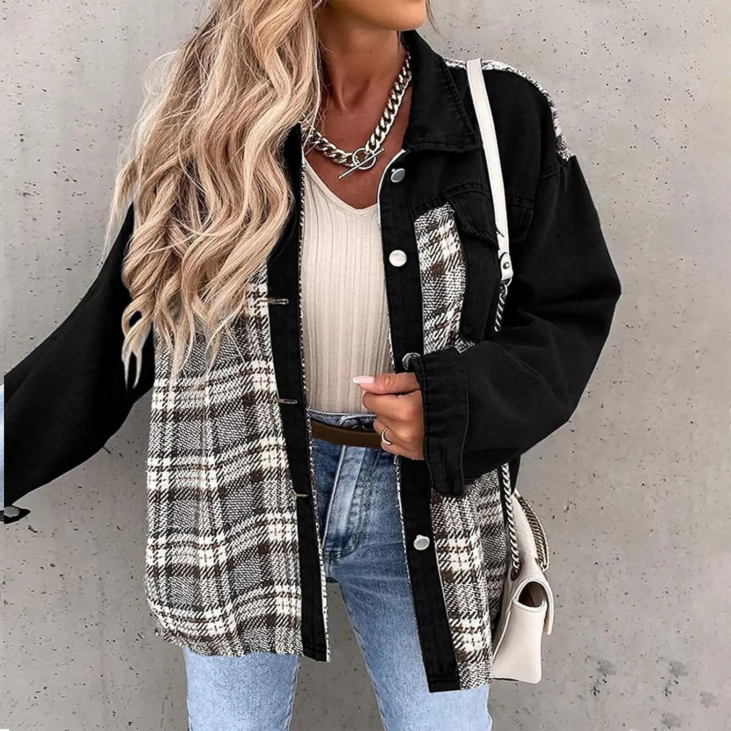 Denim Jackets for Women Casual Fall Fashion 2024 Plaid Shacket Long Sleeve Button Down Shirts Jackets Fall Outfits