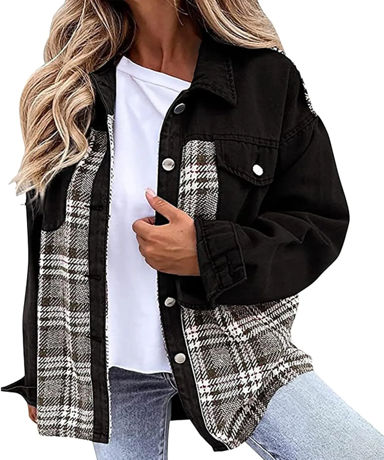 Denim Jackets for Women Casual Fall Fashion 2024 Plaid Shacket Long Sleeve Button Down Shirts Jackets Fall Outfits