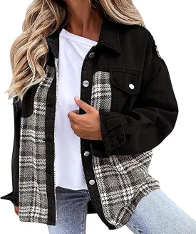 Denim Jackets for Women Casual Fall Fashion 2024 Plaid Shacket Long Sleeve Button Down Shirts Jackets Fall Outfits