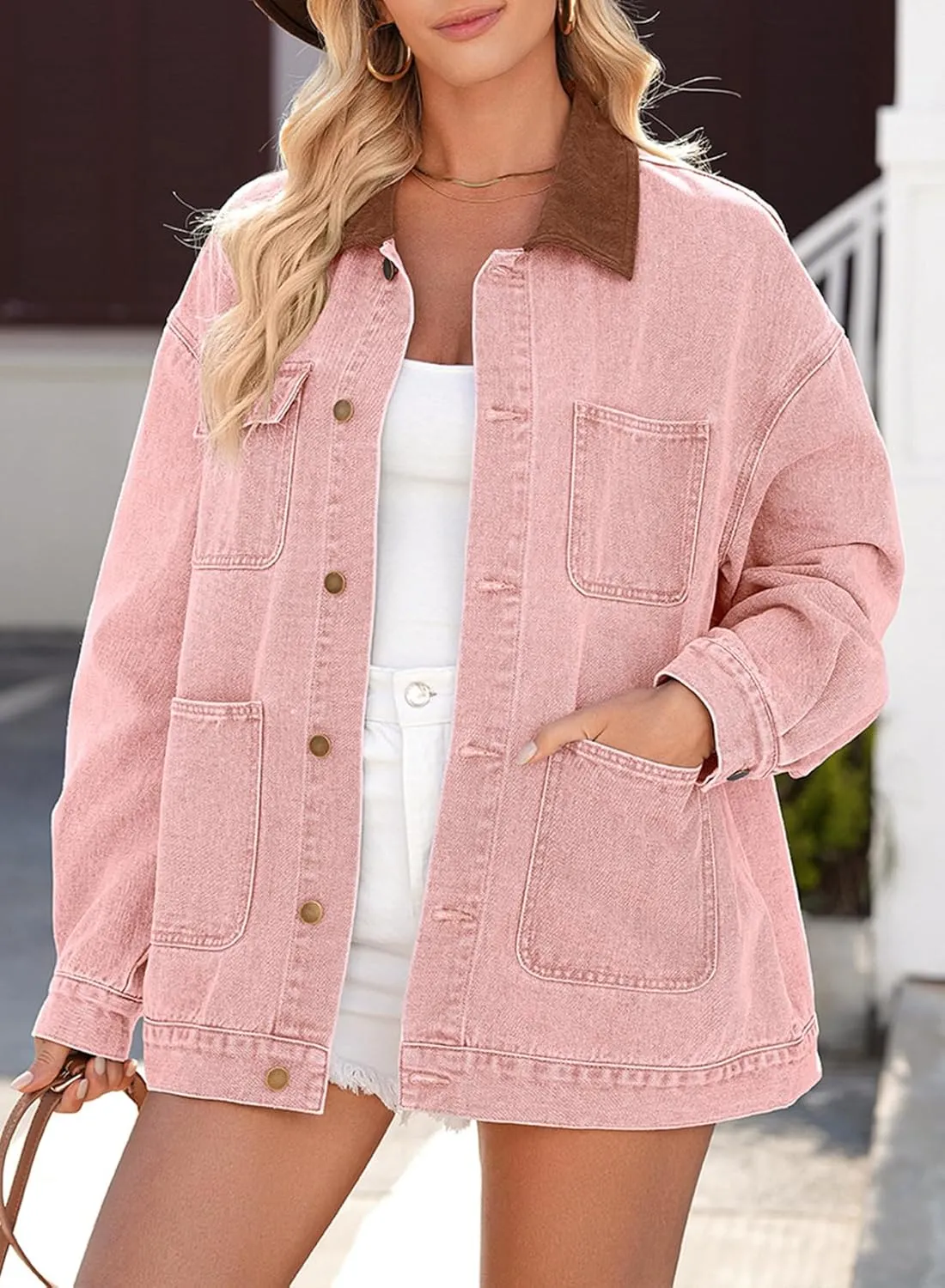 Dokotoo Women's Denim Jacket Oversized Contrast Collar Jean Jackets 2025 Spring Outfits Vintage Long Sleeve Shirts