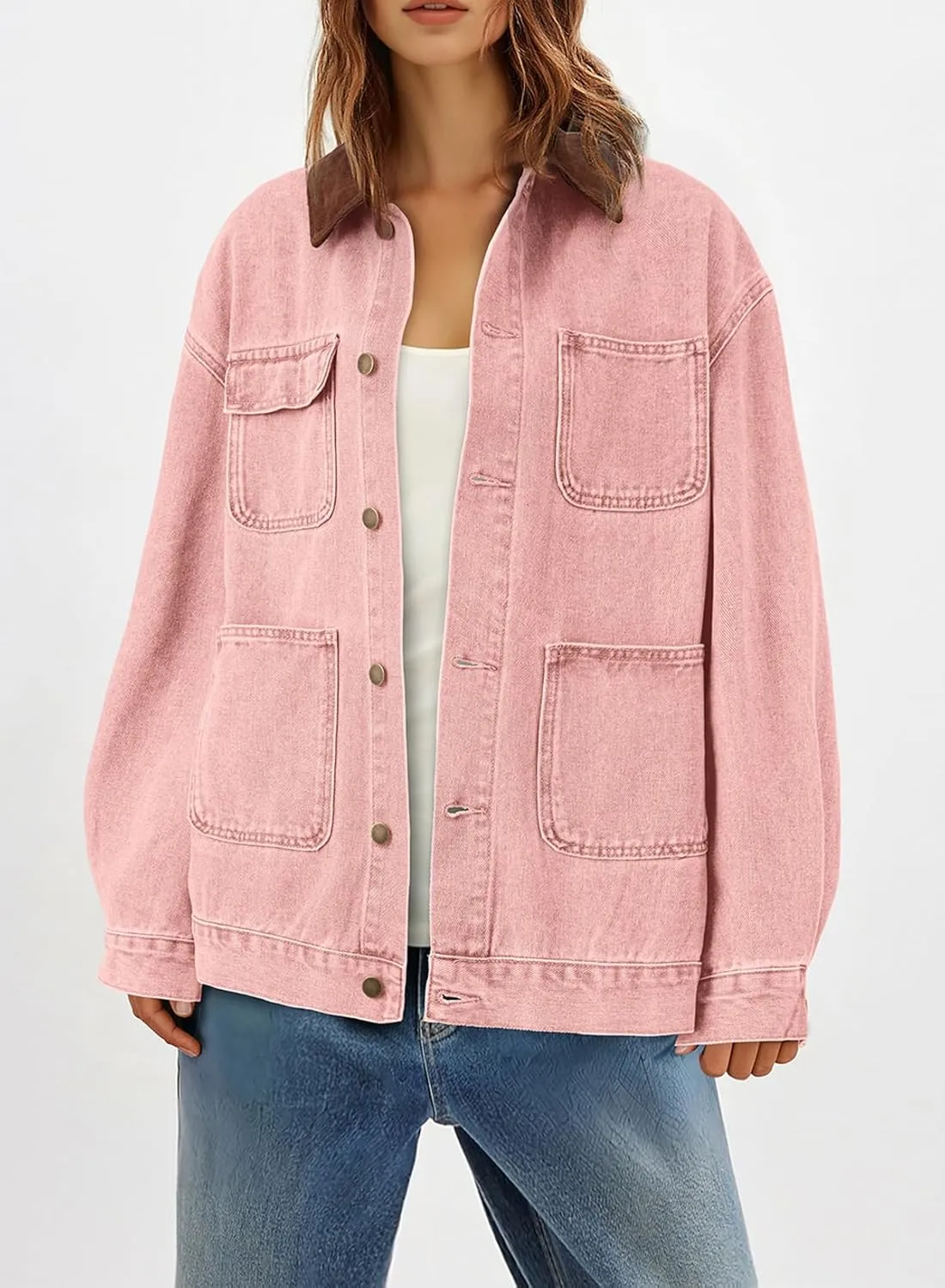 Dokotoo Women's Denim Jacket Oversized Contrast Collar Jean Jackets 2025 Spring Outfits Vintage Long Sleeve Shirts