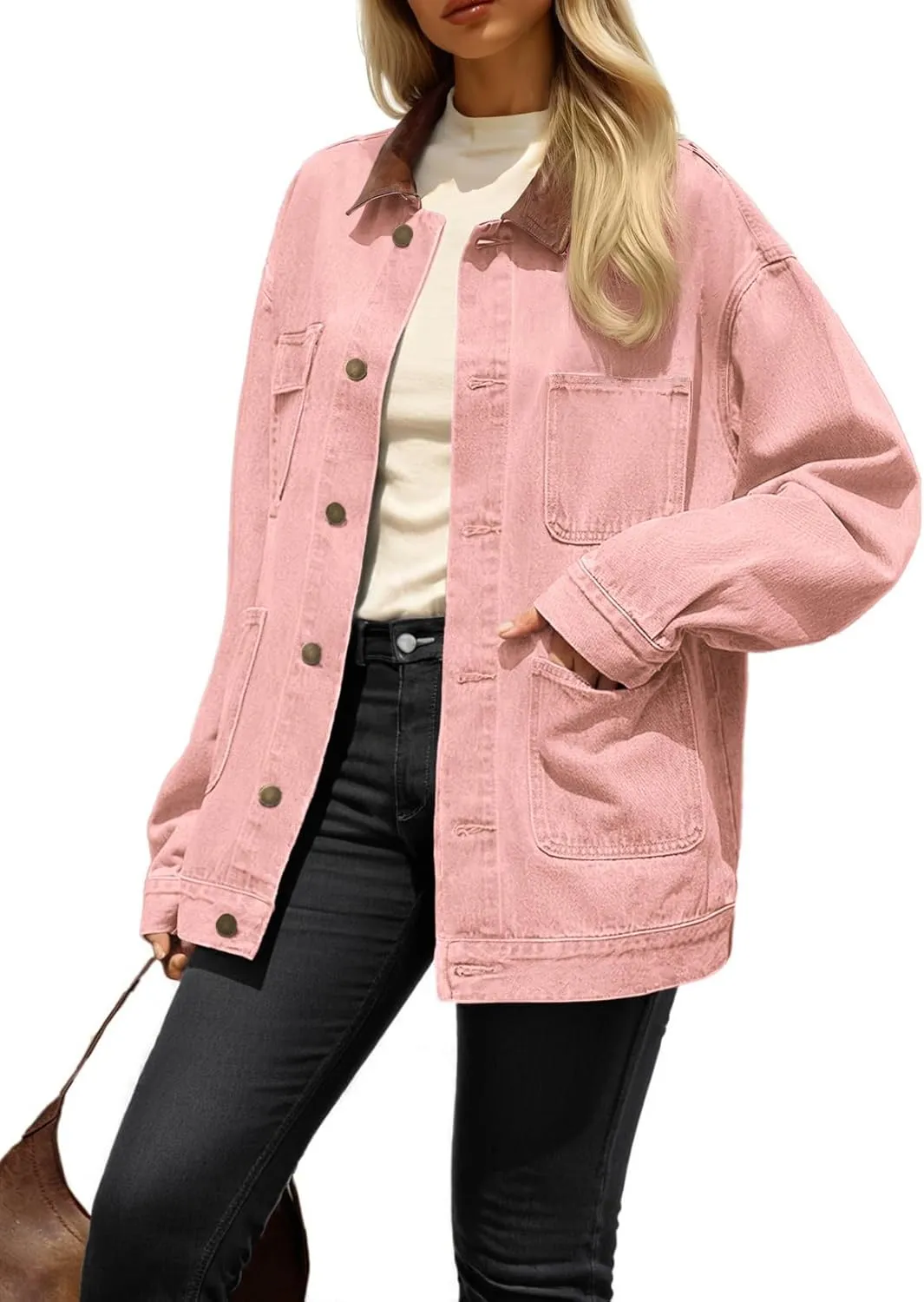 Dokotoo Women's Denim Jacket Oversized Contrast Collar Jean Jackets 2025 Spring Outfits Vintage Long Sleeve Shirts