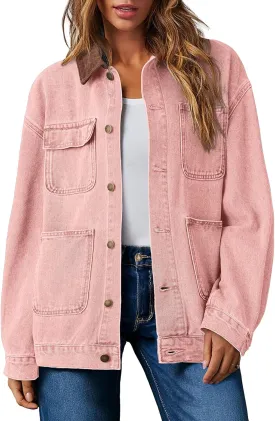 Dokotoo Women's Denim Jacket Oversized Contrast Collar Jean Jackets 2025 Spring Outfits Vintage Long Sleeve Shirts