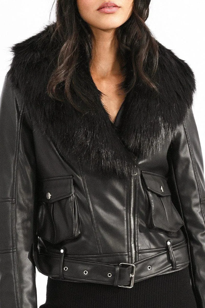 Faux Leather Moto Jacket with Faux Fur Collar