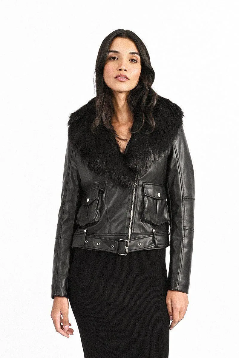 Faux Leather Moto Jacket with Faux Fur Collar