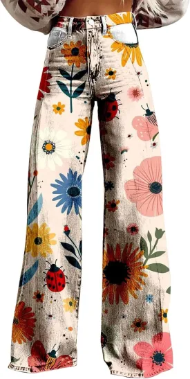 Flare Jeans for Women Wide Leg Jeans Woman Vintage Floral Print High Waisted Straight Stretch Pants with Pockets