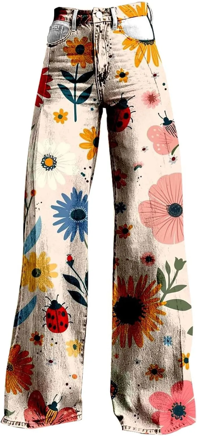Flare Jeans for Women Wide Leg Jeans Woman Vintage Floral Print High Waisted Straight Stretch Pants with Pockets