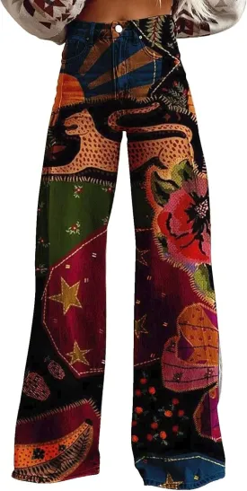 Flare Jeans for Women Wide Leg Jeans Woman Vintage Floral Print High Waisted Straight Stretch Pants with Pockets