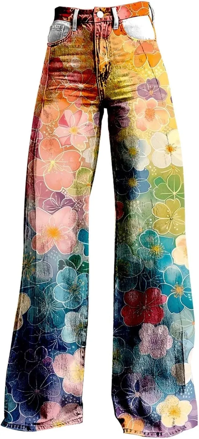 Flare Jeans for Women Wide Leg Jeans Woman Vintage Floral Print High Waisted Straight Stretch Pants with Pockets
