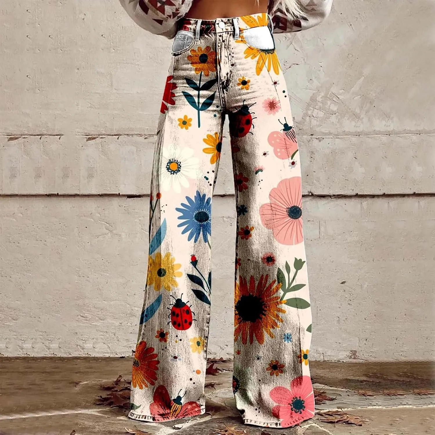 Flare Jeans for Women Wide Leg Jeans Woman Vintage Floral Print High Waisted Straight Stretch Pants with Pockets