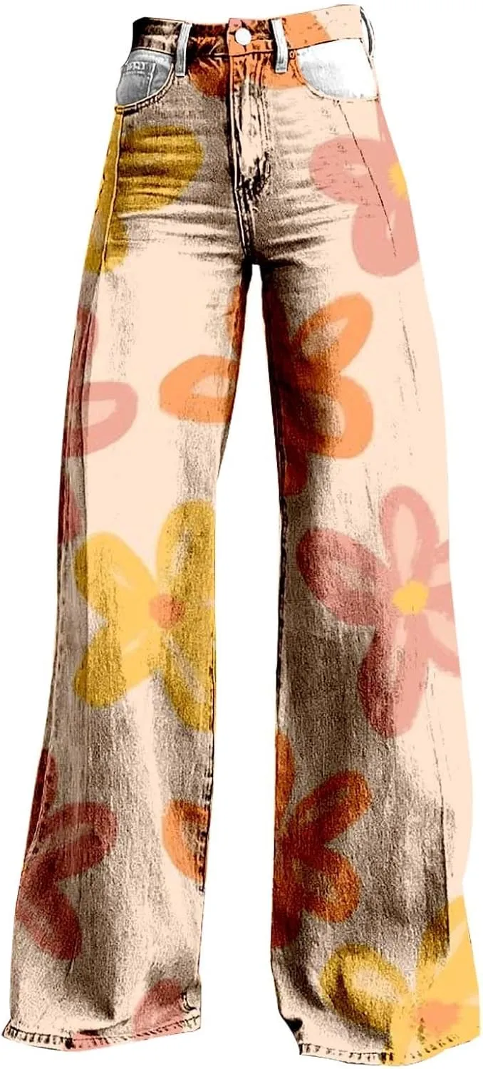 Flare Jeans for Women Wide Leg Jeans Woman Vintage Floral Print High Waisted Straight Stretch Pants with Pockets