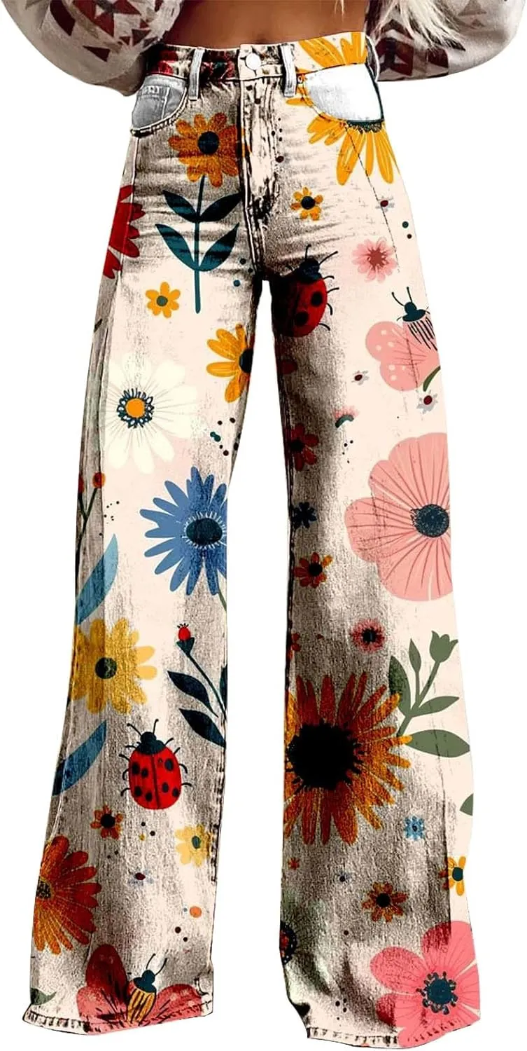 Flare Jeans for Women Wide Leg Jeans Woman Vintage Floral Print High Waisted Straight Stretch Pants with Pockets
