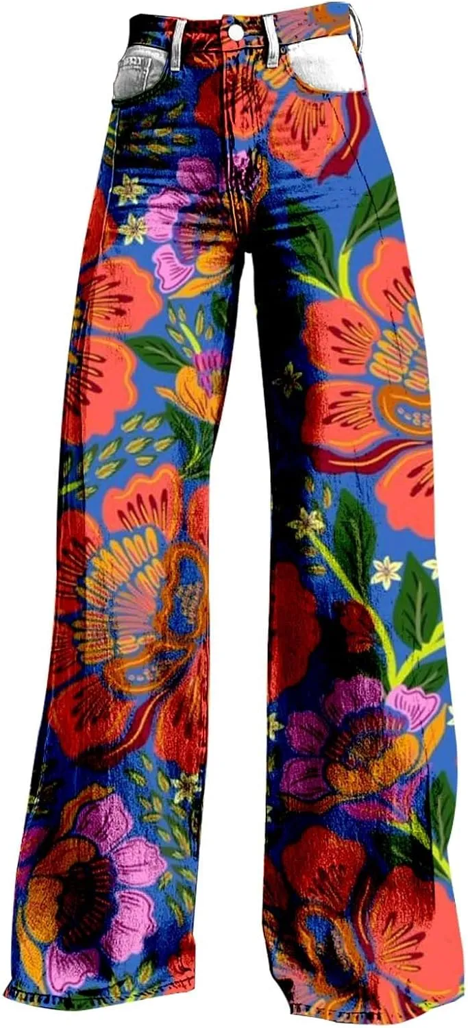 Flare Jeans for Women Wide Leg Jeans Woman Vintage Floral Print High Waisted Straight Stretch Pants with Pockets