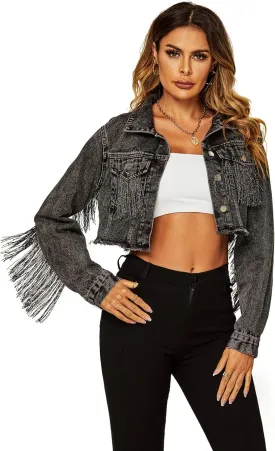 Flygo Women's Fringe Jean Jacket Button Down Raw Hem Tassel Crop Denim Jackets