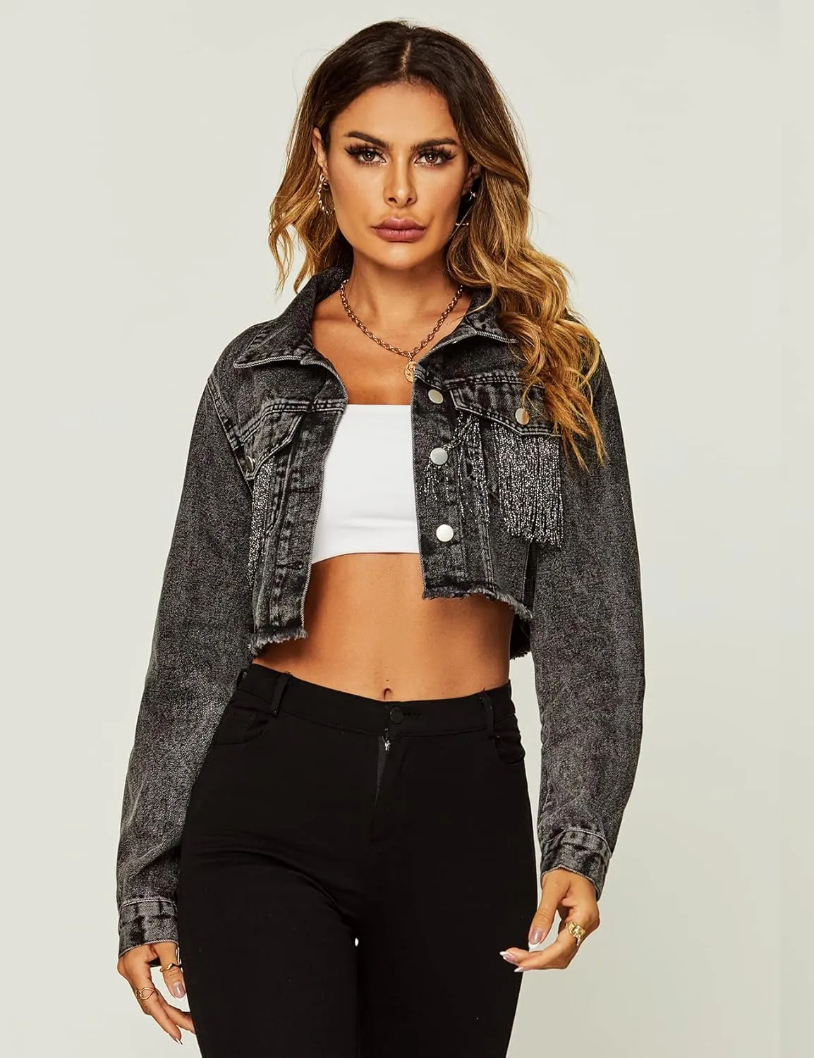 Flygo Women's Fringe Jean Jacket Button Down Raw Hem Tassel Crop Denim Jackets