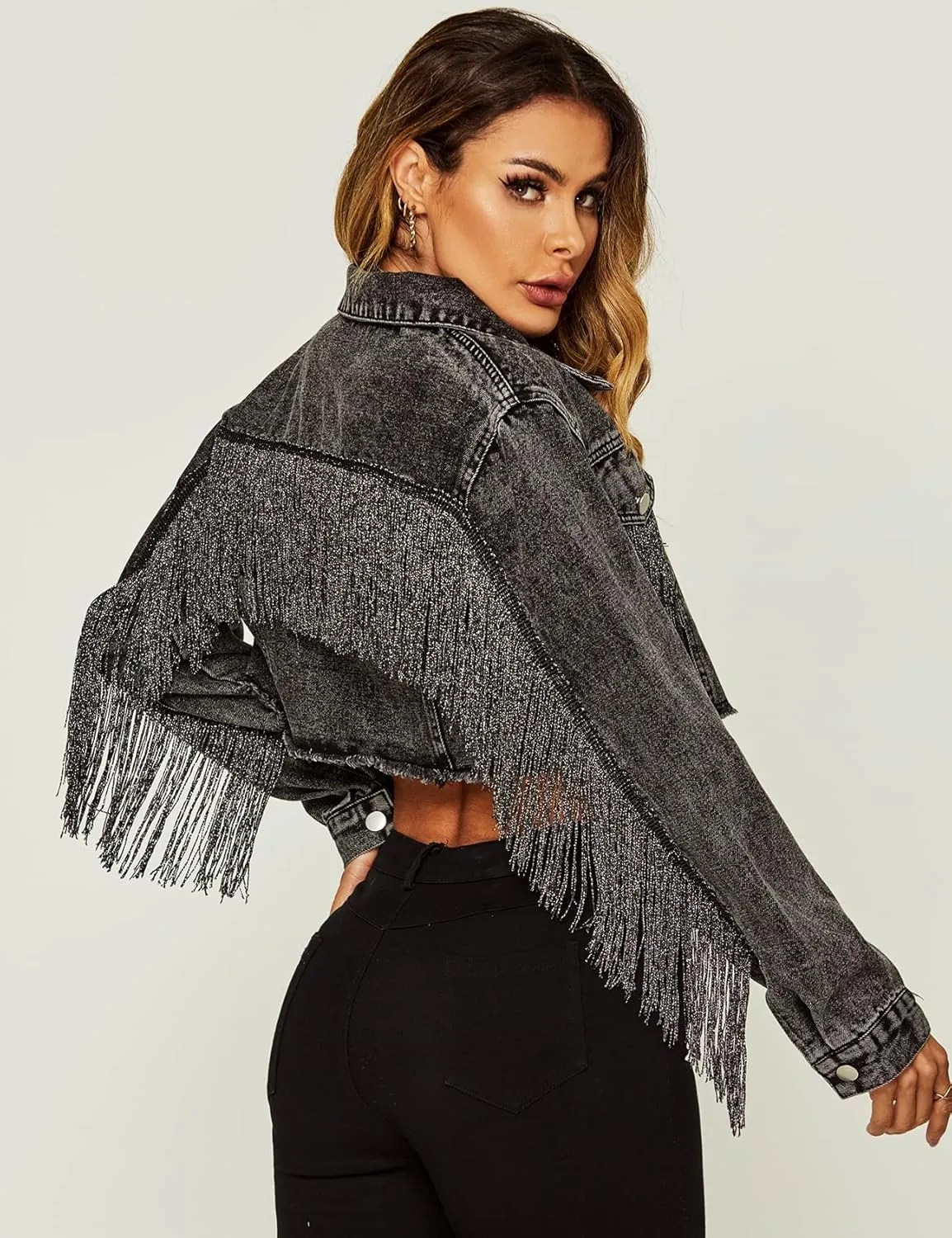 Flygo Women's Fringe Jean Jacket Button Down Raw Hem Tassel Crop Denim Jackets