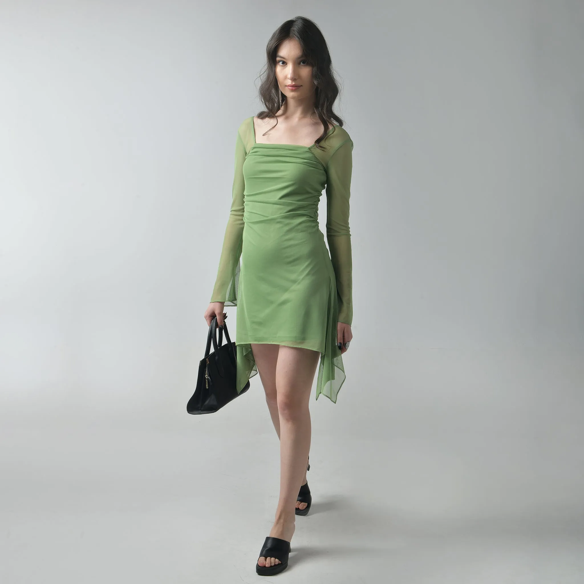 Green Square Neck Mesh Dress
