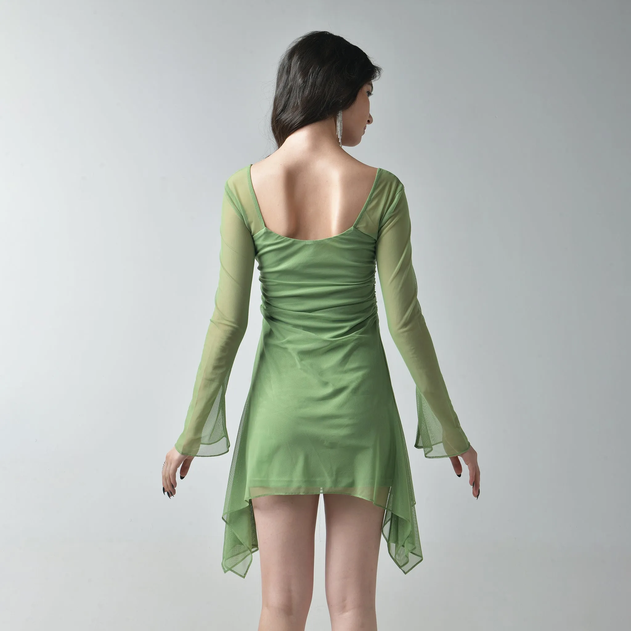 Green Square Neck Mesh Dress