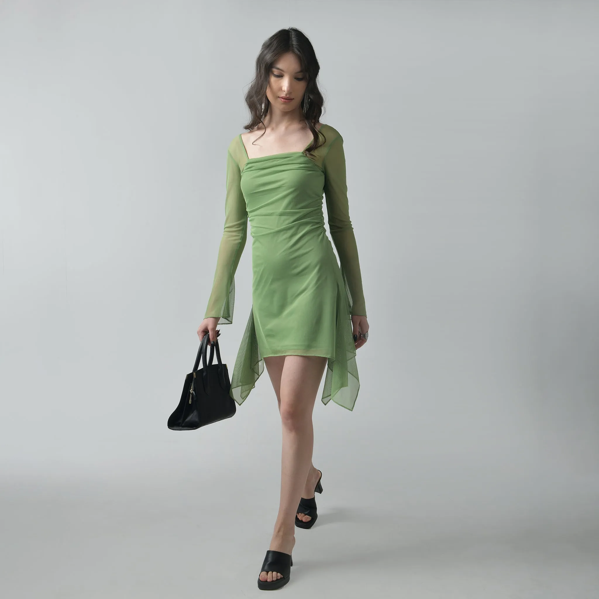 Green Square Neck Mesh Dress