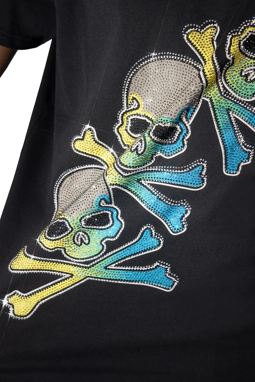 HEADS OR TAILS Mens Graphic T-Shirts w/Rhinestones, Skull Printed Bling Stone Studded, Slim Fit Knit Cool T Shirts for Men