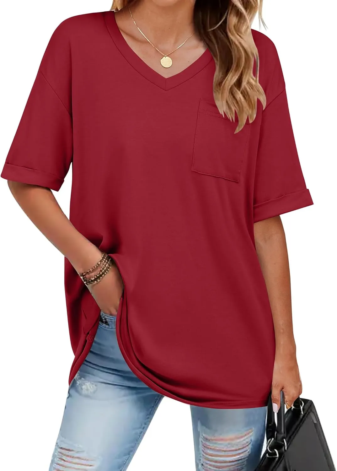 HOTOUCH Women Oversized T Shirts V Neck Short Sleeve Tees Casual Loose Tunic Summer Tops with Pocket