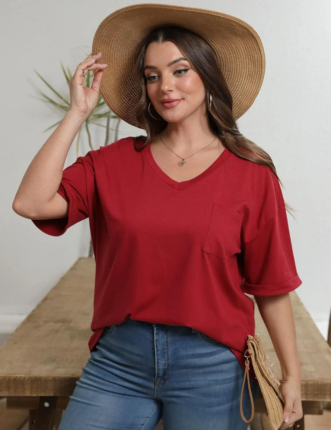 HOTOUCH Women Oversized T Shirts V Neck Short Sleeve Tees Casual Loose Tunic Summer Tops with Pocket
