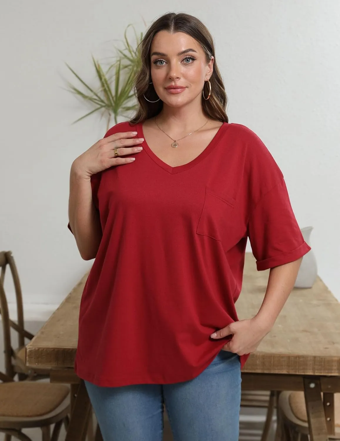 HOTOUCH Women Oversized T Shirts V Neck Short Sleeve Tees Casual Loose Tunic Summer Tops with Pocket