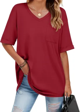HOTOUCH Women Oversized T Shirts V Neck Short Sleeve Tees Casual Loose Tunic Summer Tops with Pocket