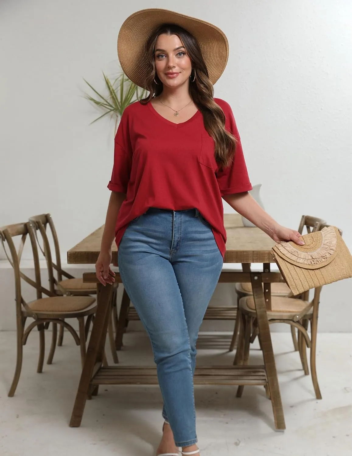 HOTOUCH Women Oversized T Shirts V Neck Short Sleeve Tees Casual Loose Tunic Summer Tops with Pocket