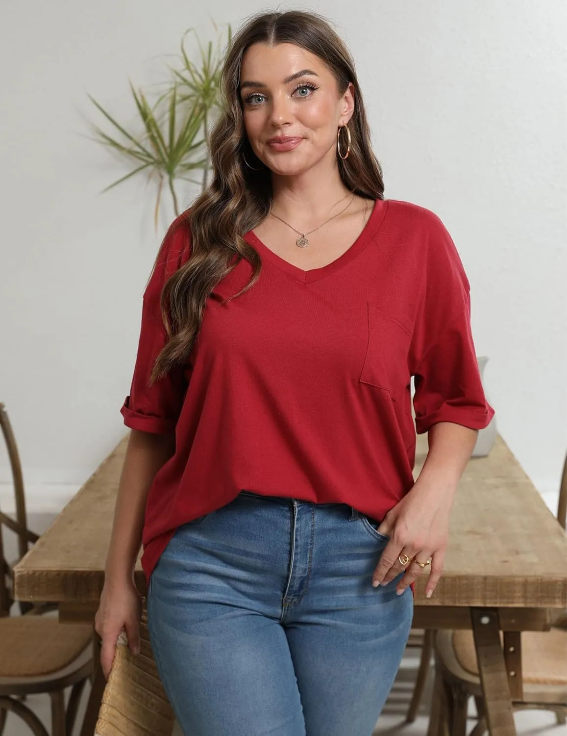 HOTOUCH Women Oversized T Shirts V Neck Short Sleeve Tees Casual Loose Tunic Summer Tops with Pocket