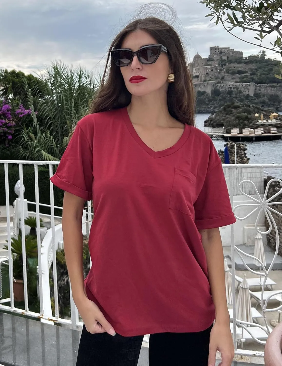 HOTOUCH Women Oversized T Shirts V Neck Short Sleeve Tees Casual Loose Tunic Summer Tops with Pocket