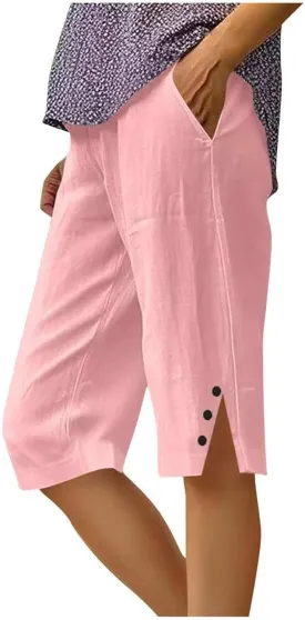 Linen Capri Pants for Women Casual High Waist Wide Leg Cropped Pants Trousers Buttons Trim with Pockets