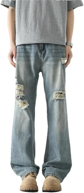 Men Summer Jeans Vintage Baggy Straight Pants Hiphop Ripped Jeans Blue Denim Trousers