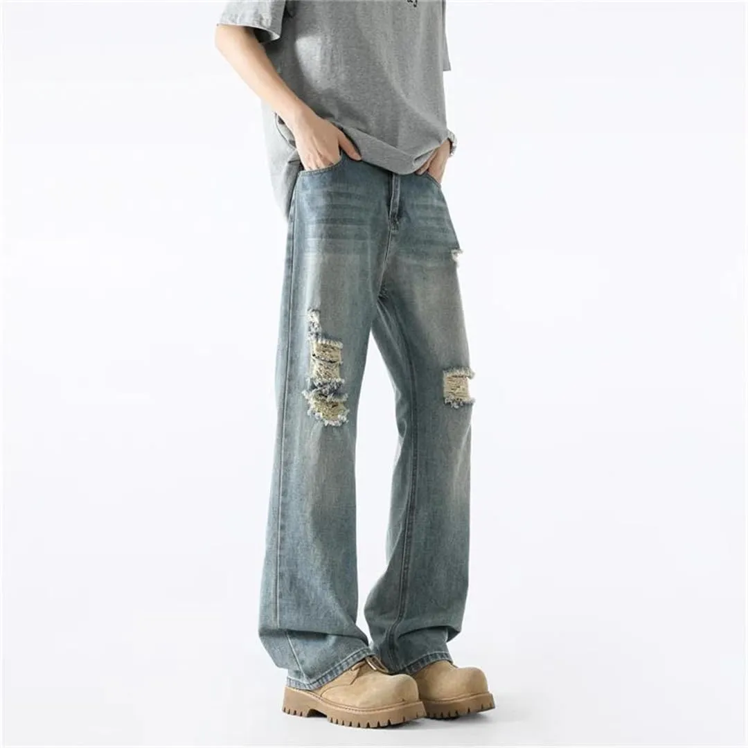 Men Summer Jeans Vintage Baggy Straight Pants Hiphop Ripped Jeans Blue Denim Trousers