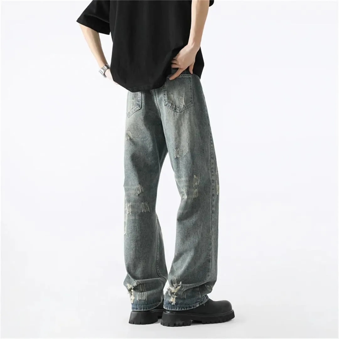 Men Summer Jeans Vintage Baggy Straight Pants Hiphop Ripped Jeans Blue Denim Trousers