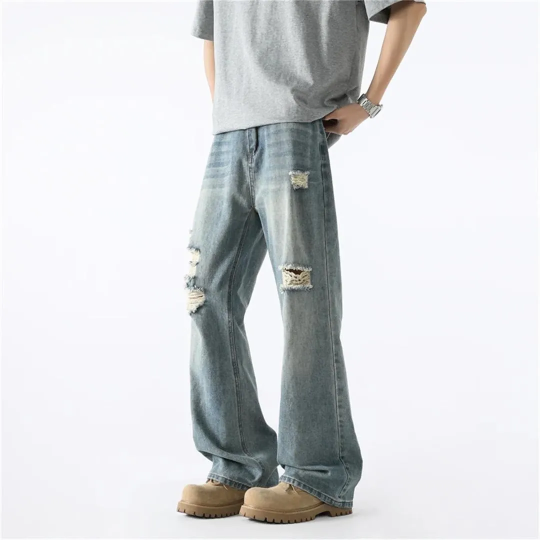 Men Summer Jeans Vintage Baggy Straight Pants Hiphop Ripped Jeans Blue Denim Trousers