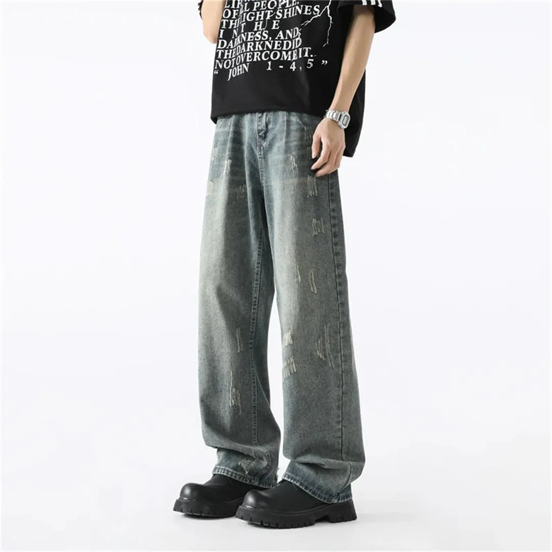 Men Summer Jeans Vintage Baggy Straight Pants Hiphop Ripped Jeans Blue Denim Trousers