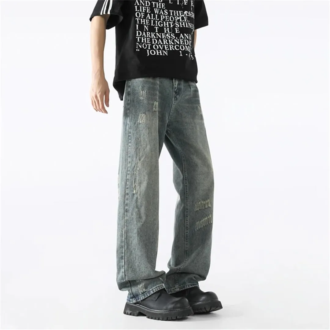 Men Summer Jeans Vintage Baggy Straight Pants Hiphop Ripped Jeans Blue Denim Trousers