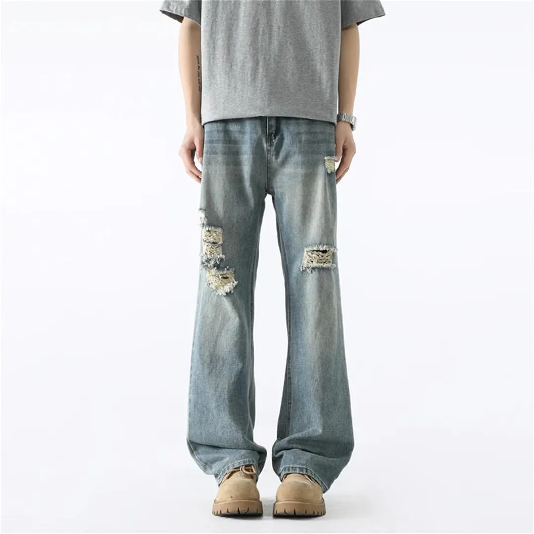 Men Summer Jeans Vintage Baggy Straight Pants Hiphop Ripped Jeans Blue Denim Trousers