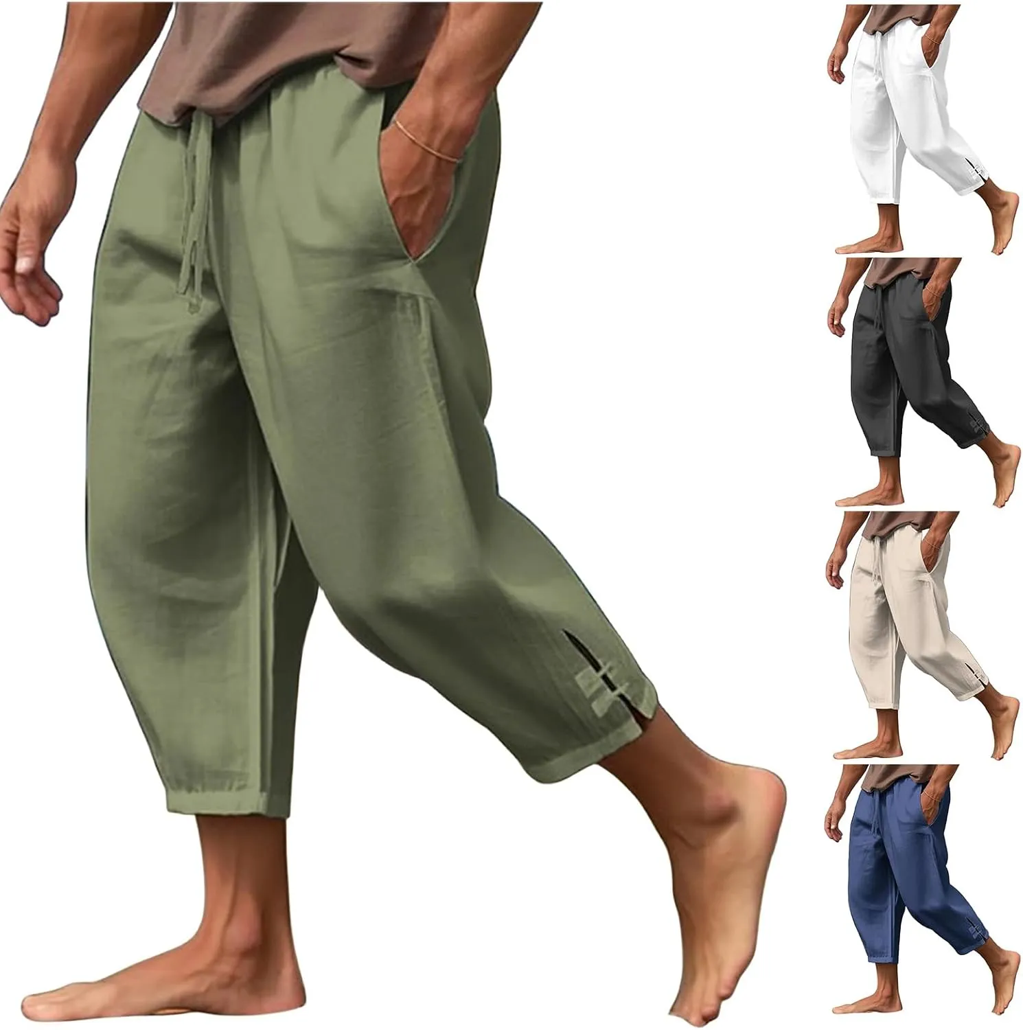 Mens 3/4 Pants Loose Elastic Waisted Lightweight Lounge Pant Drawstring Beach Summer Yoga Hippie Capri Slacks Pockets